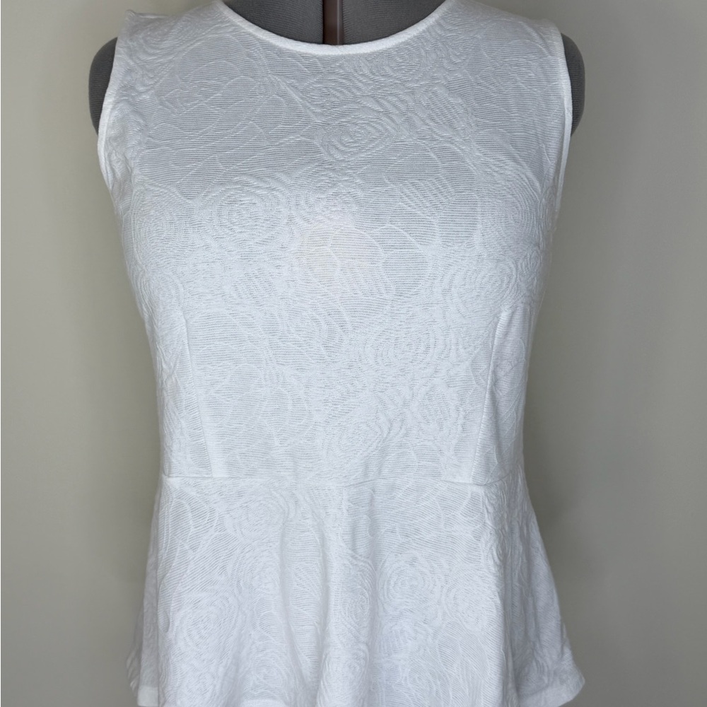 ELLE Tank Top Womens XL White Floral Textured Peplum Sleeveless Stretch Knit